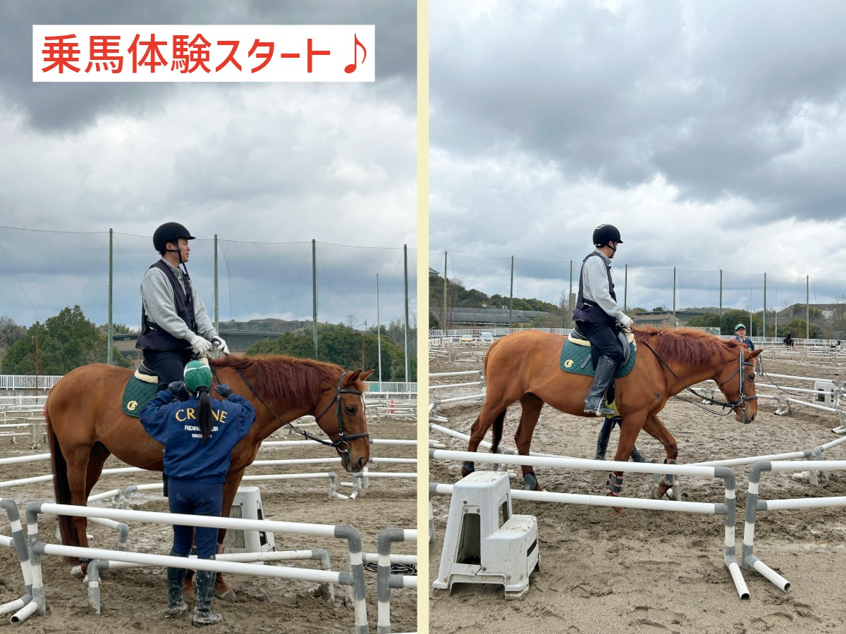 はじめての乗馬体験スタート！インストラクターさんのリードで馬にまたがり馬場を歩くゼロホームみやざき