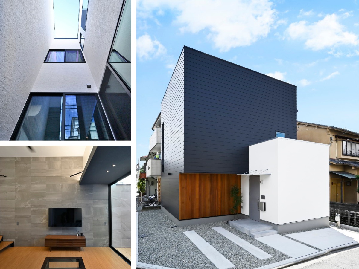 京都市伏見区の施工事例。2つの箱を組み合わせたような外観が特長の2階建て。