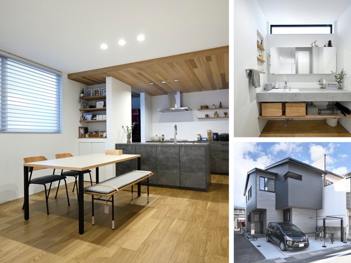 大津市の建替え施工事例。造作棚のあるダイニングキッチン、コンクリート調カウンターの洗面室、スタイリッシュな外観