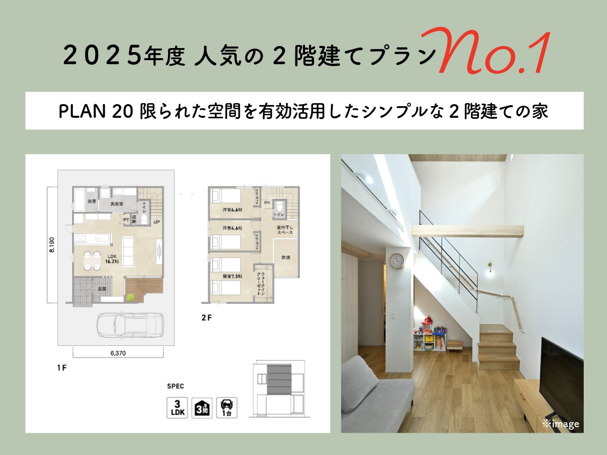 2025年度人気の二階建てプラン No.1 PLAN20「限られた空間を有効活用したシンプルな2階建ての家」の1F・2F間取り図と、吹抜けのあるリビング階段の写真