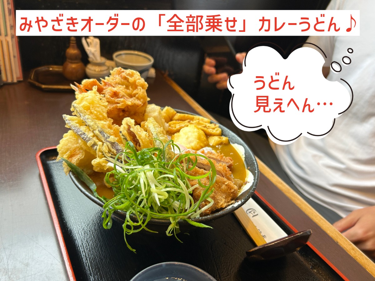 ゼロホームみやざきがオーダーしたトッピング全部乗せの鶏天カレーうどん、天ぷらでうどんが見えないほどのボリューム