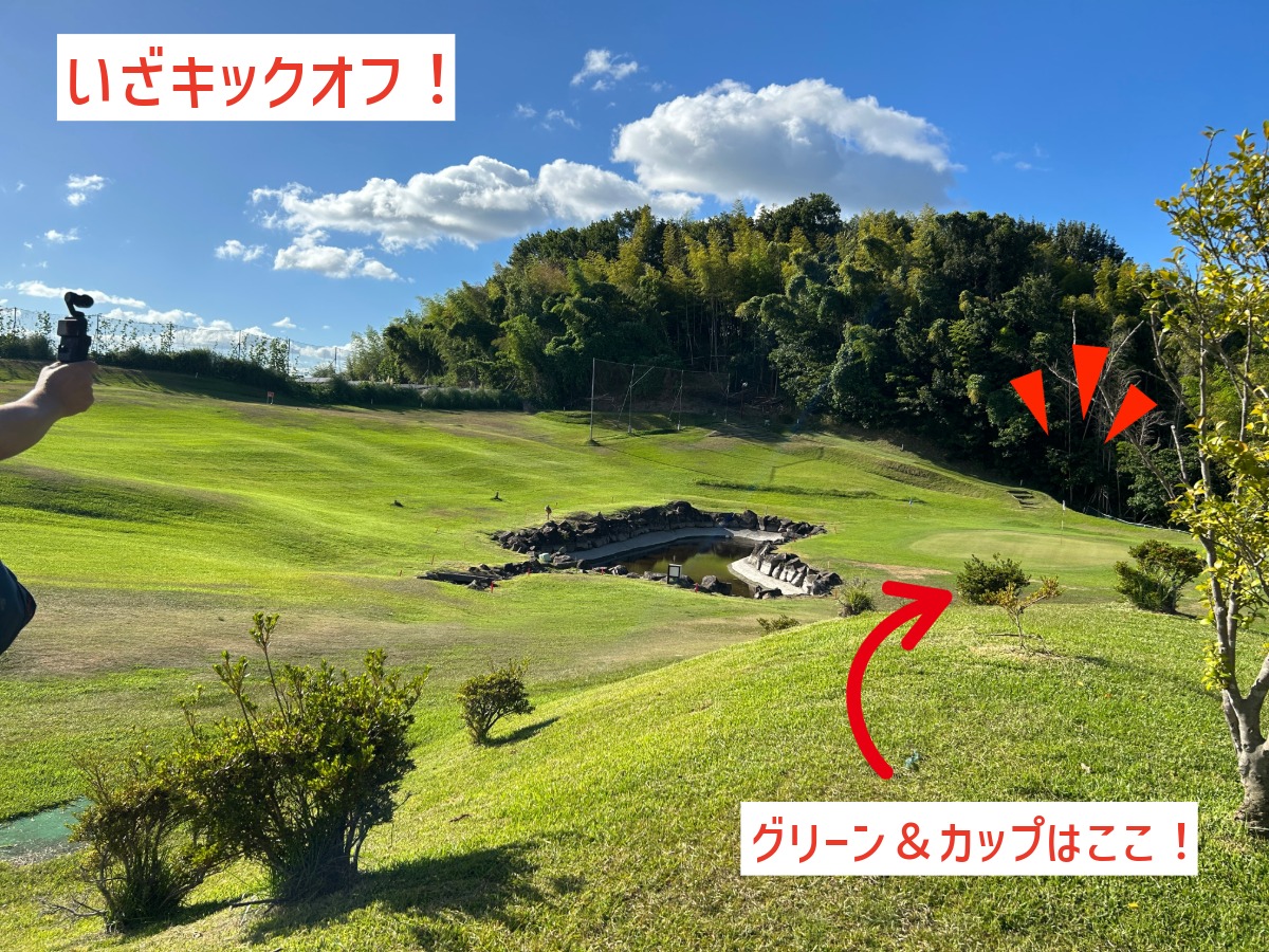緑豊かな和幸カントリー倶楽部のコースでフットゴルフのキックオフに臨む様子、奥にグリーンとカップの位置