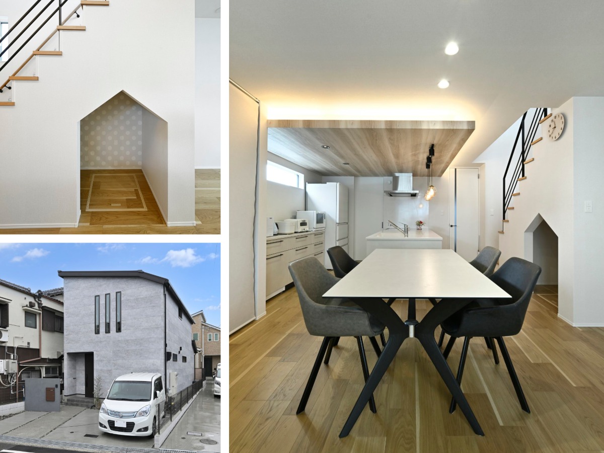 階段下ヌックのある住まいの施工事例。階段下の小さな空間、木目を取り入れたダイニングキッチン、住宅の外観。