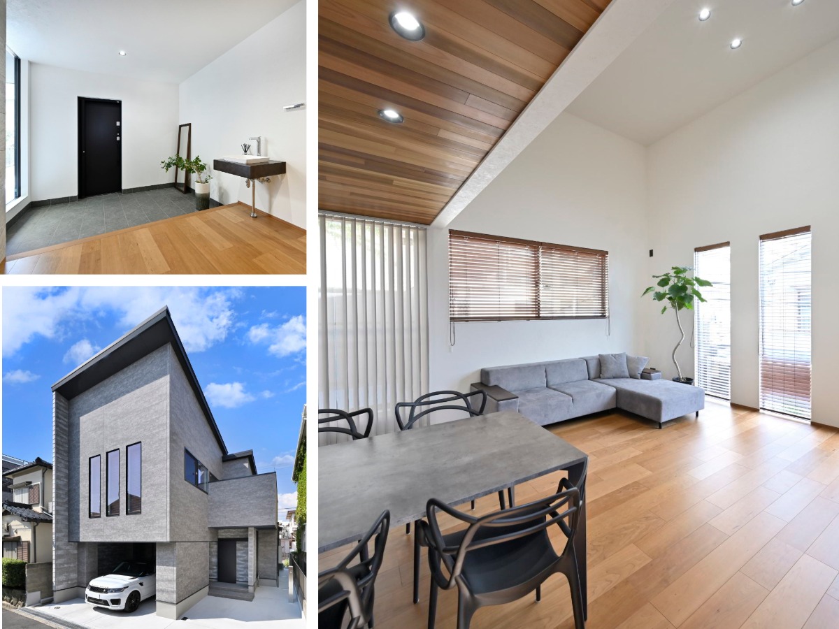 木目の天井が広がるリビング・ダイニングと、ゆとりのある玄関、ガレージ付き住宅の外観。