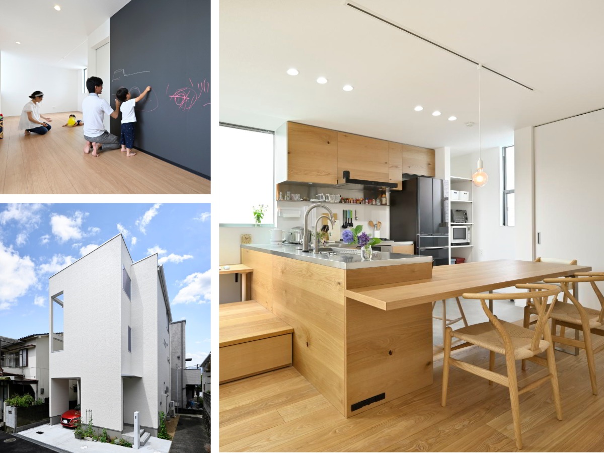 木目の造作ダイニングキッチンと、黒板壁に絵を描いて遊べる多目的スペースを備えた住まい。白い外観の住宅も紹介しています。